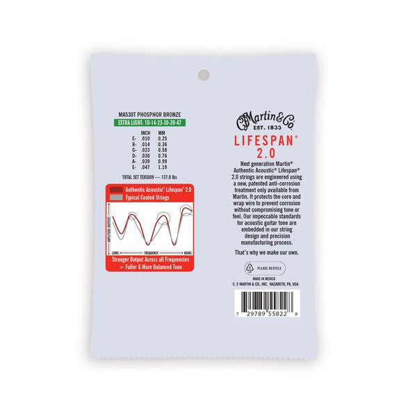 Martin MA530T Authentic Acoustic Lifespan 2.0 Treated 92/8 Phosphor Bronze Guitar Strings - .010-.047 Extra Light