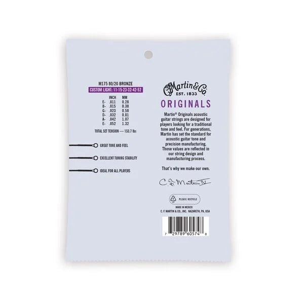 Martin M175 Original 80/20 Bronze Acoustic Guitar Strings - .011-.052 Custom Light