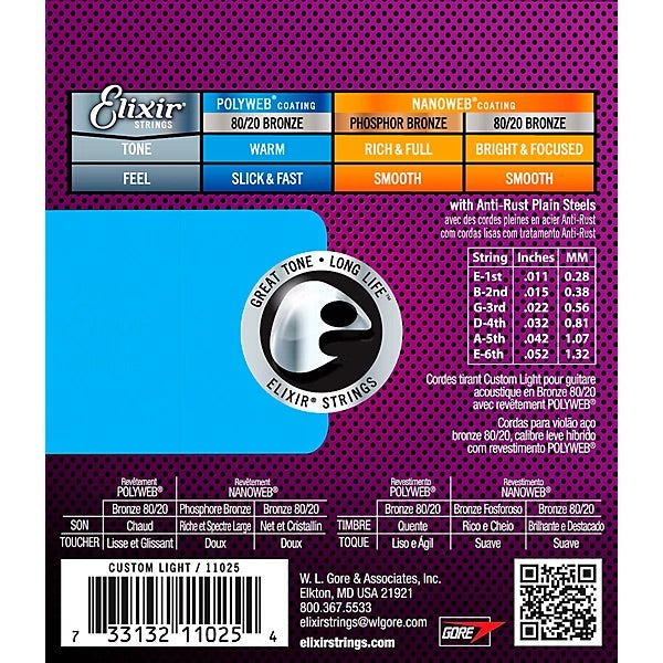 Elixir 80/20 Bronze Acoustic Guitar Strings with POLYWEB Coating, Custom Light (.011-.052)