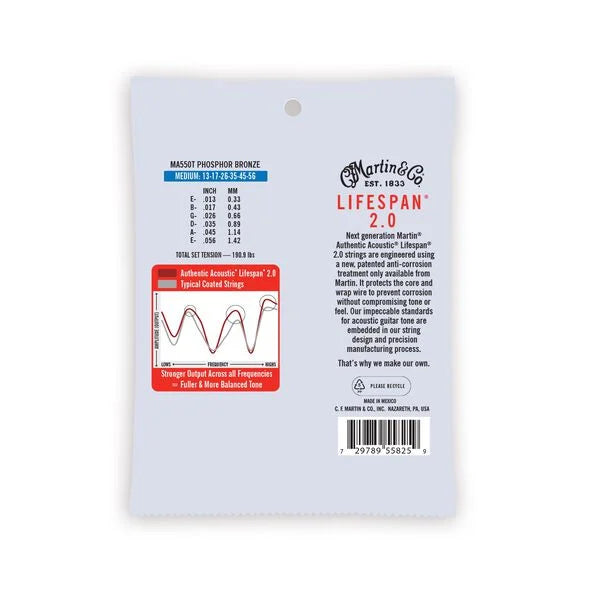Martin MA550T Authentic Acoustic Lifespan 2.0 Treated 92/8 Phosphor Bronze Guitar Strings - .013-.056 Medium