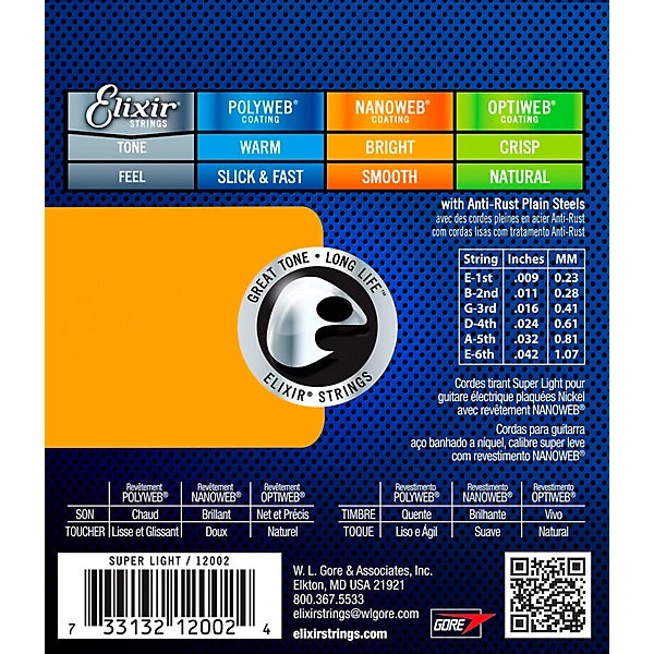 Elixir Electric Guitar Strings with NANOWEB Coating, Super Light (.009-.042)