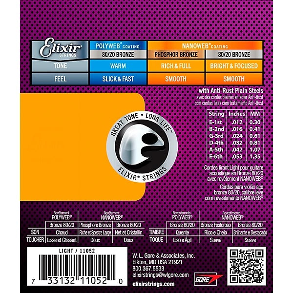 Elixir 80/20 Bronze Acoustic Guitar Strings With NANOWEB Coating, Light (.012-.053)