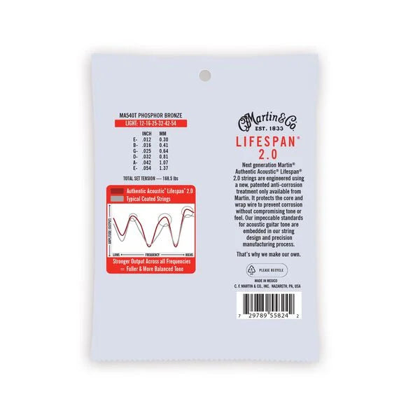 Martin MA540T Authentic Acoustic Lifespan 2.0 Treated 92/8 Phosphor Bronze Guitar Strings - .012-.054 Light