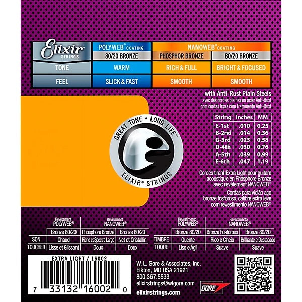 Elixir Phosphor Bronze Acoustic Guitar Strings With NANOWEB Coating, Extra Light (.010-.047)