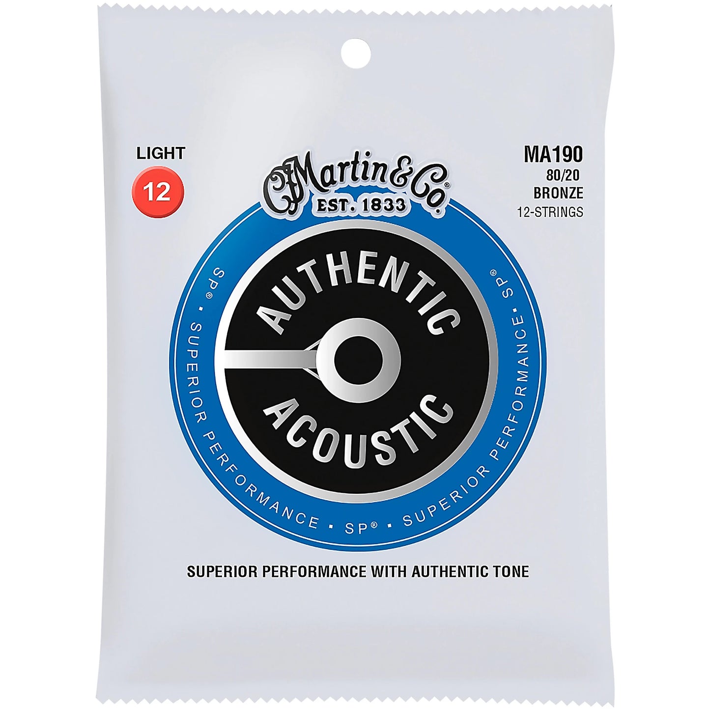 Martin MA190 Authentic Acoustic Superior Performance 80/20 Bronze Guitar Strings - .012-.054 Light 12-string