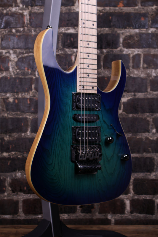 IBANEZ RG470AHMBMT Blue Moon BurstSolidbody Electric Guitar with Ash Body, Maple Neck, Maple Fingerboard, 1 Single-coil Pickup, 2 Humbucking Pickups, and Double-locking Tremolo - Blue Moon Burst