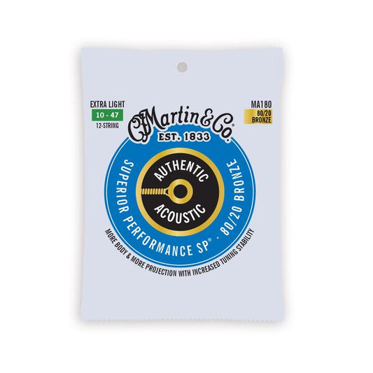 Martin MA180 Authentic Acoustic Superior Performance 80/20 Bronze Guitar Strings - .010-.047 Extra Light 12-string