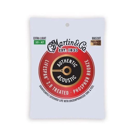 Martin MA530T Authentic Acoustic Lifespan 2.0 Treated 92/8 Phosphor Bronze Guitar Strings - .010-.047 Extra Light