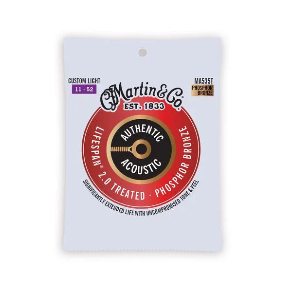 Martin MA535T Authentic Acoustic Lifespan 2.0 Treated 92/8 Phosphor Bronze Guitar Strings - .011-.052 Custom Light