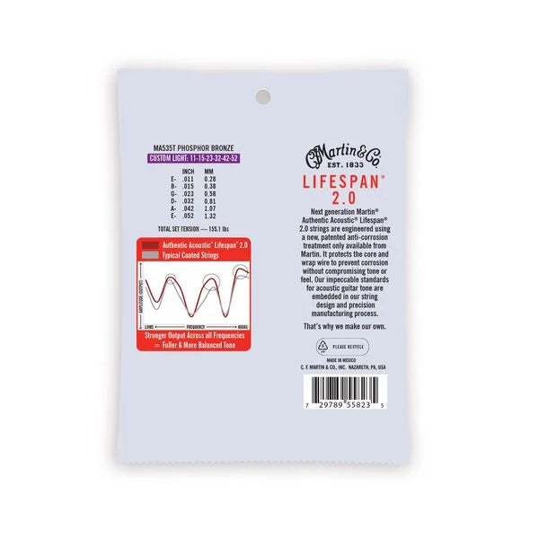 Martin MA535T Authentic Acoustic Lifespan 2.0 Treated 92/8 Phosphor Bronze Guitar Strings - .011-.052 Custom Light