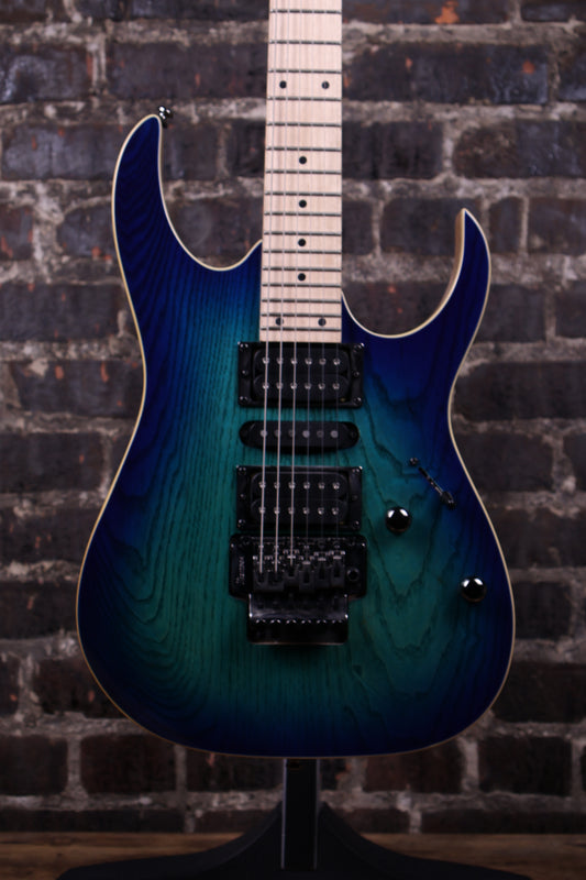 IBANEZ RG470AHMBMT Blue Moon BurstSolidbody Electric Guitar with Ash Body, Maple Neck, Maple Fingerboard, 1 Single-coil Pickup, 2 Humbucking Pickups, and Double-locking Tremolo - Blue Moon Burst